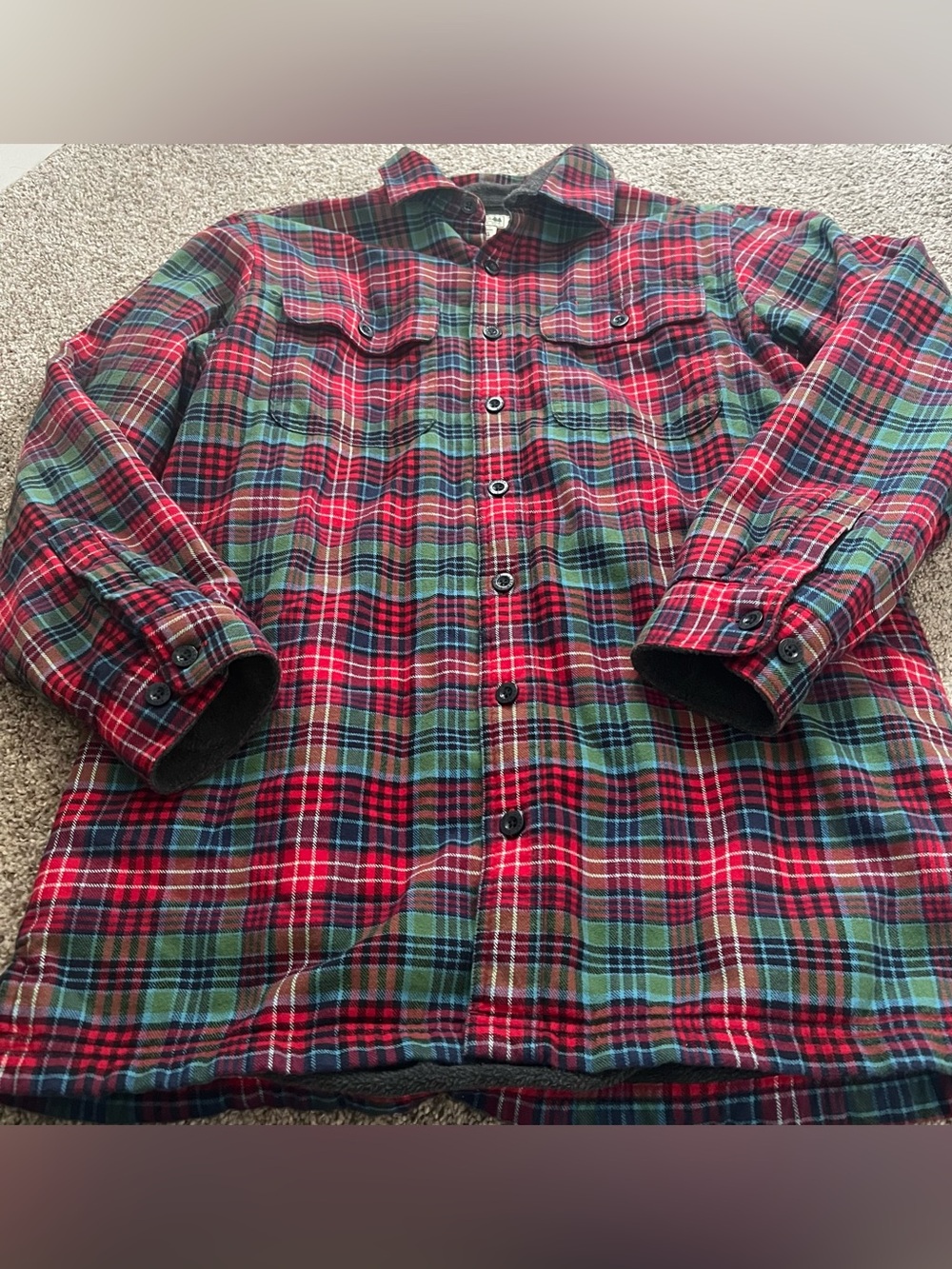 L.L. Bean Cotton Blnd Red and Green Plaid Button-Down Shacket Size Medium Tall